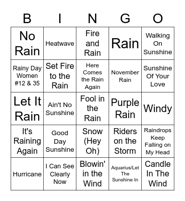 Songs About The Weather Bingo Card