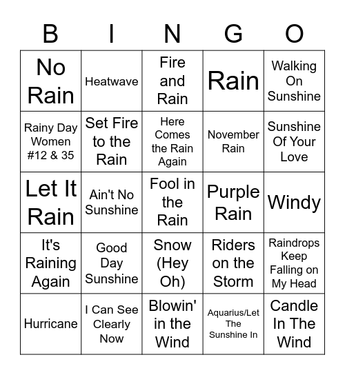 Songs About The Weather Bingo Card