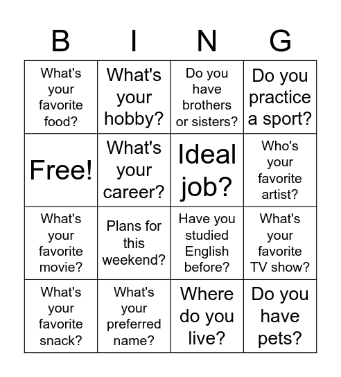 Getting to know each other. Bingo Card
