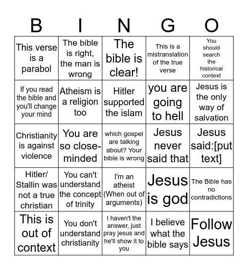 Stupid christians excuses Bingo Card