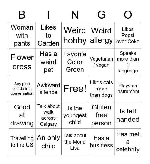 Cocktail Party Bingo Card