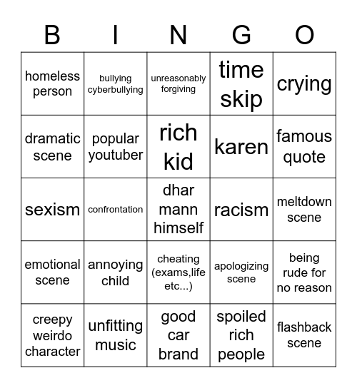 Dhar Mann bingo Card