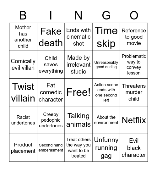 Bad animated movie Bingo Card