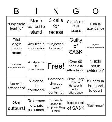 Lizzie Trial Bingo Card