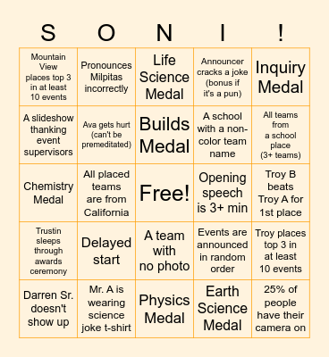 National Invitational Awards Ceremony Bingo Card