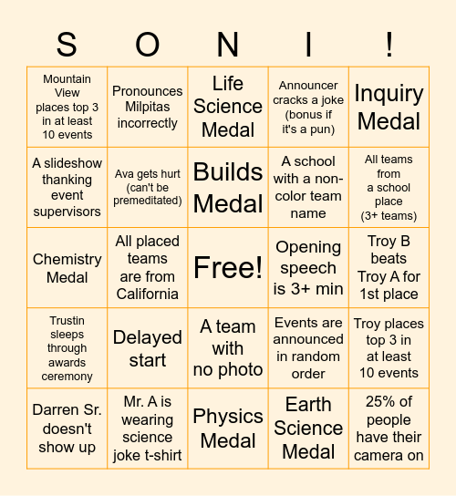 National Invitational Awards Ceremony Bingo Card