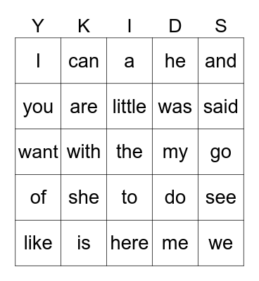 Sight Words - Kindergarten Bingo Card