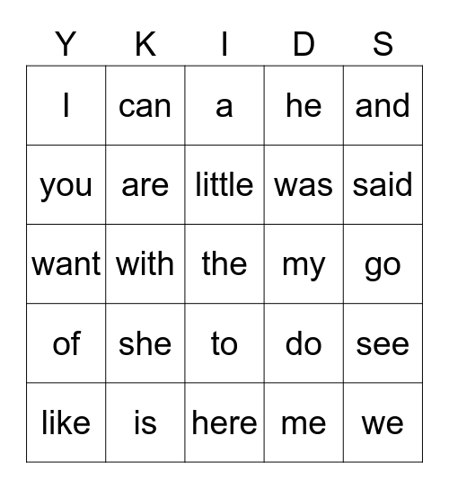 Sight Words - Kindergarten Bingo Card