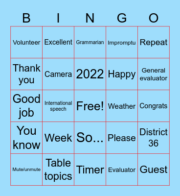 IFC Toastmasters Meeting Bingo Card