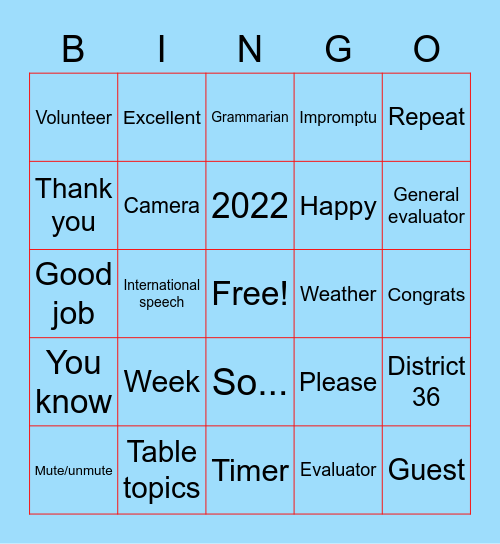 IFC Toastmasters Meeting Bingo Card