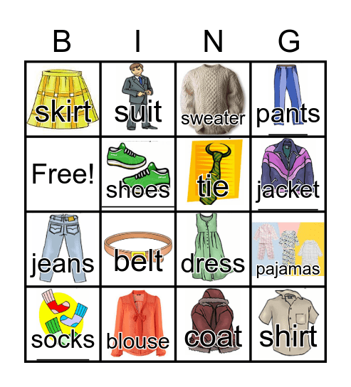 CLOTHING Bingo Card