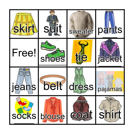 CLOTHING Bingo Card