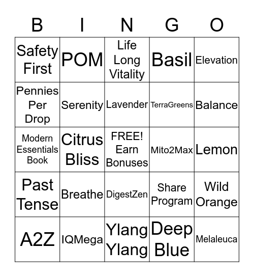 DoTerra Essential Oils Bingo Card