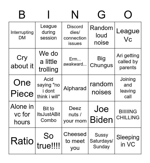 D6 Discord VC Bingo Card