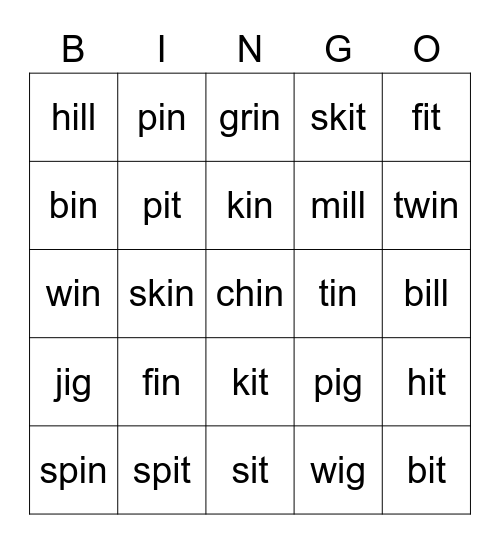 Short i Bingo Card