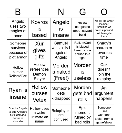 Arcane Odyssey Roleplay Bingo Card