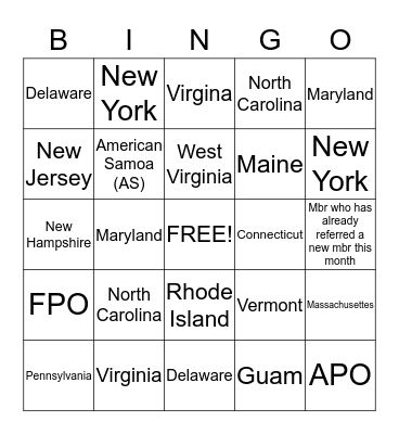 50/50 Easter Region Membership Bingo Card