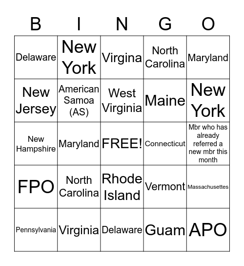 50/50 Easter Region Membership Bingo Card