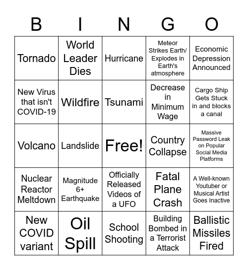 2022 Apocalypse Bingo Card