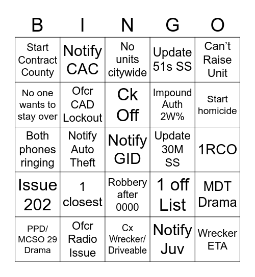 RCO Bingo Card