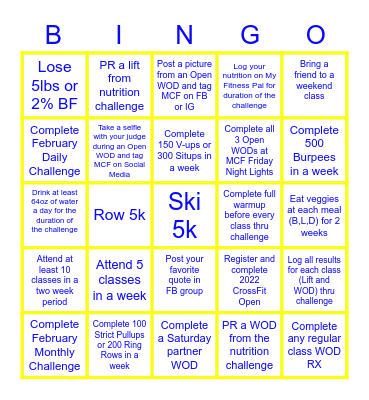 MCF Nutrition Challenge Bingo Card