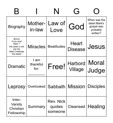 January 16, 2022 Sermon Bingo Card