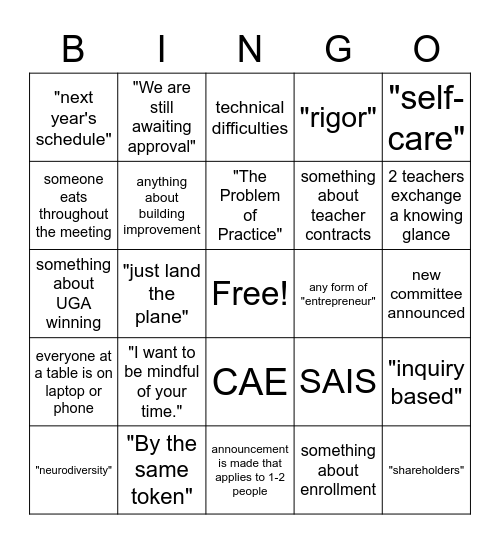 FACULTY MEETING Bingo Card