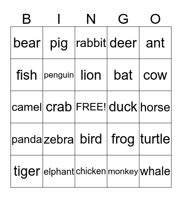 Animals Bingo Card