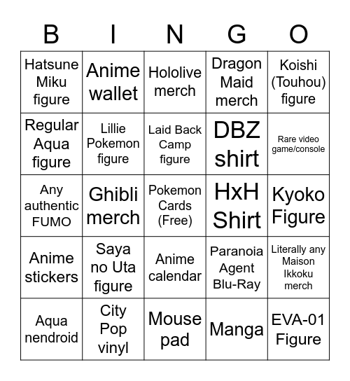 Ohayocon Purchase Bingo Card