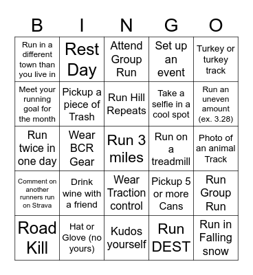 February Running Challenge Bingo Card
