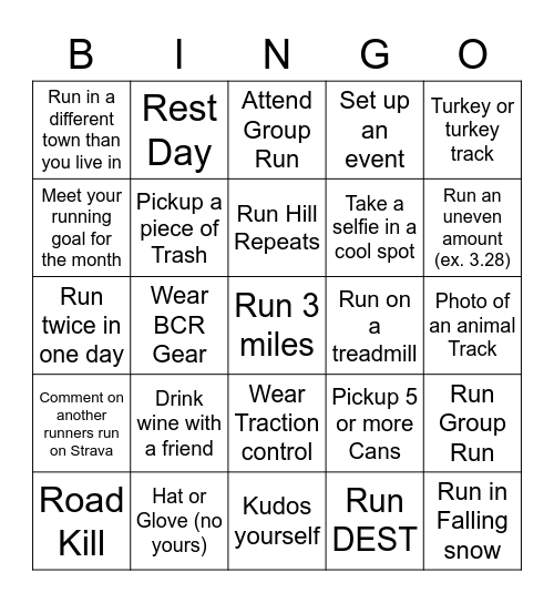 February Running Challenge Bingo Card