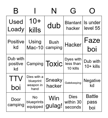 War zone bingo (inspired by bidpuffer) Bingo Card