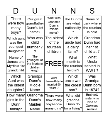 Dunn Family Bingo Card