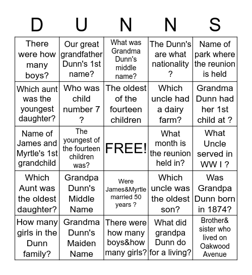 Dunn Family Bingo Card