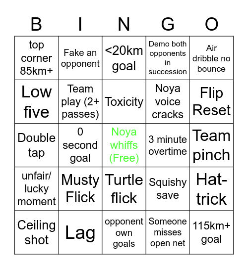 Rocket League Bingo Card