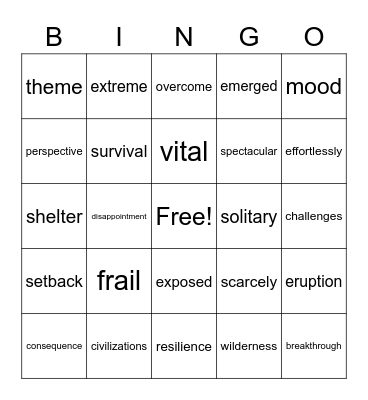 Hatchet Vocabulary Bingo Card