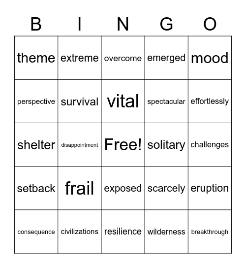 Hatchet Vocabulary Bingo Card