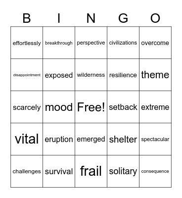 Hatchet Vocabulary Bingo Card