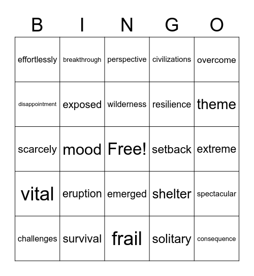 Hatchet Vocabulary Bingo Card