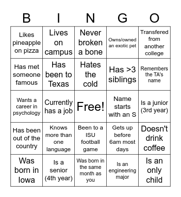 Classroom Bingo Card