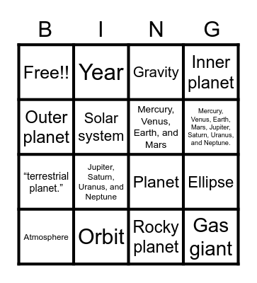 Solar System Bingo Card