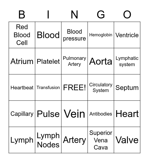Circulatory, Blood, Lymph Bingo Card