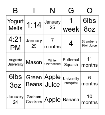 Avery's Winter ONEderland Bingo Card