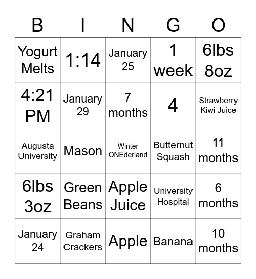 Avery's Winter ONEderland Bingo Card