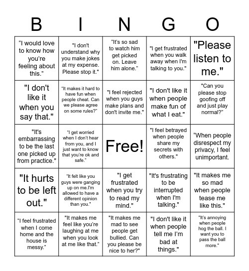 I Statements vs. You Statements Bingo Card
