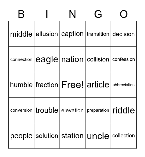 Final Syllable Stabble Bingo Card