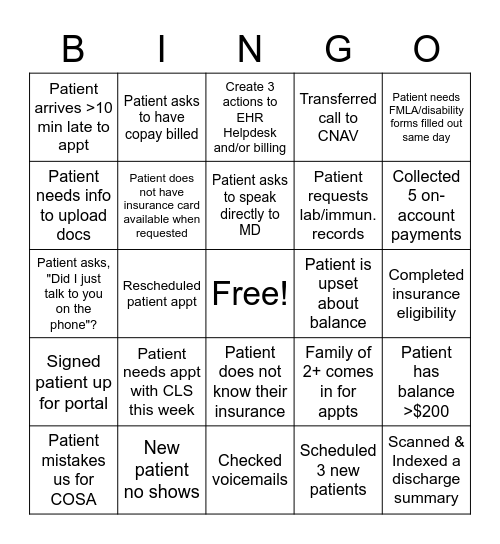 Patient Service Rep Bingo Challenge Bingo Card