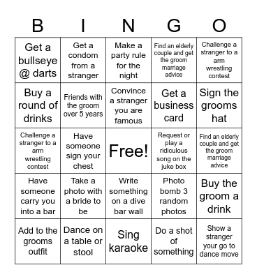 Joe's Bachelor Bash Bingo (non drinking) Bingo Card