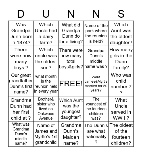 Dunn Family Reunion Bingo Card
