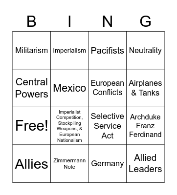 World War I Bingo Card